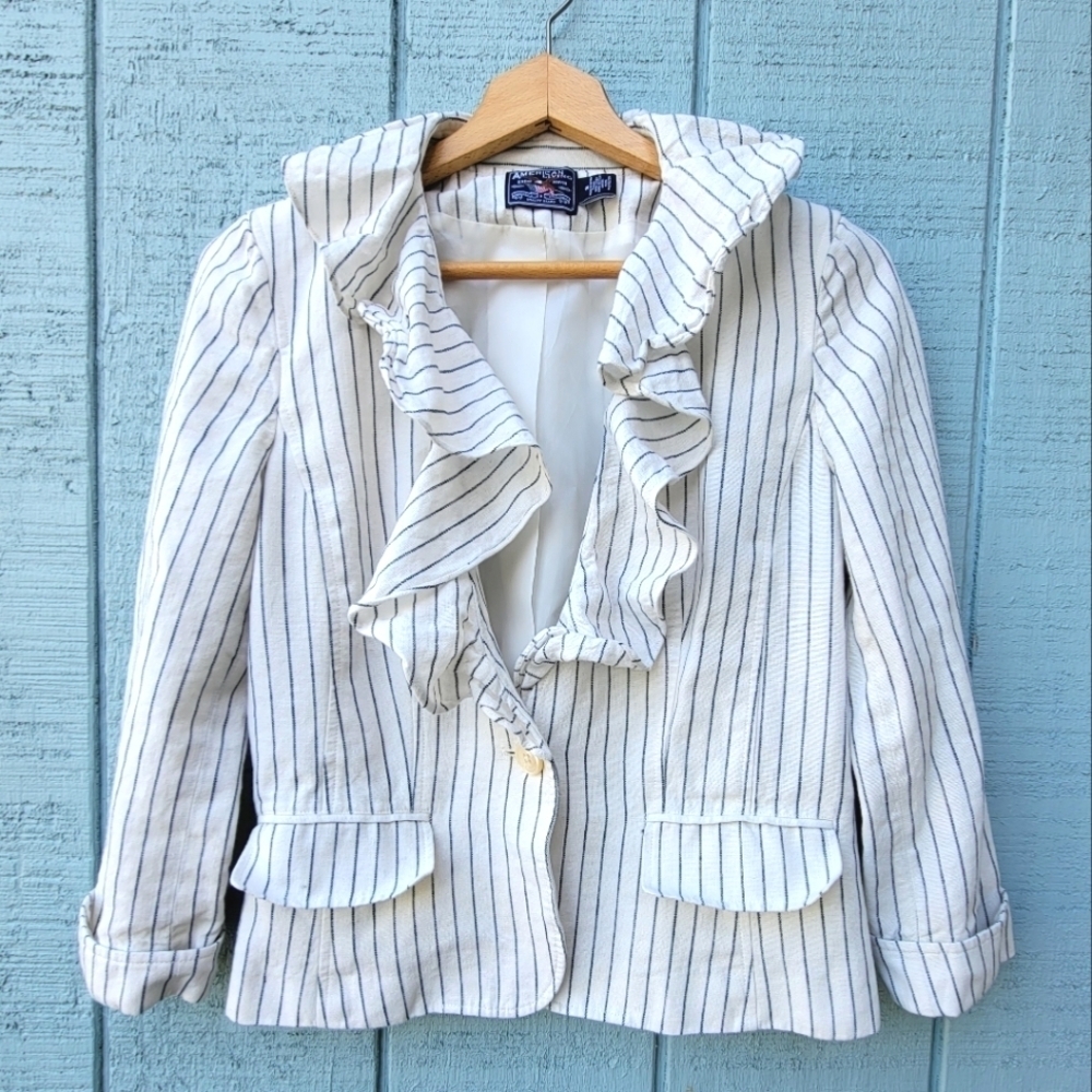 American Living Striped Ruffle Linen Blend Blazer size S Navy Ivory Nautical